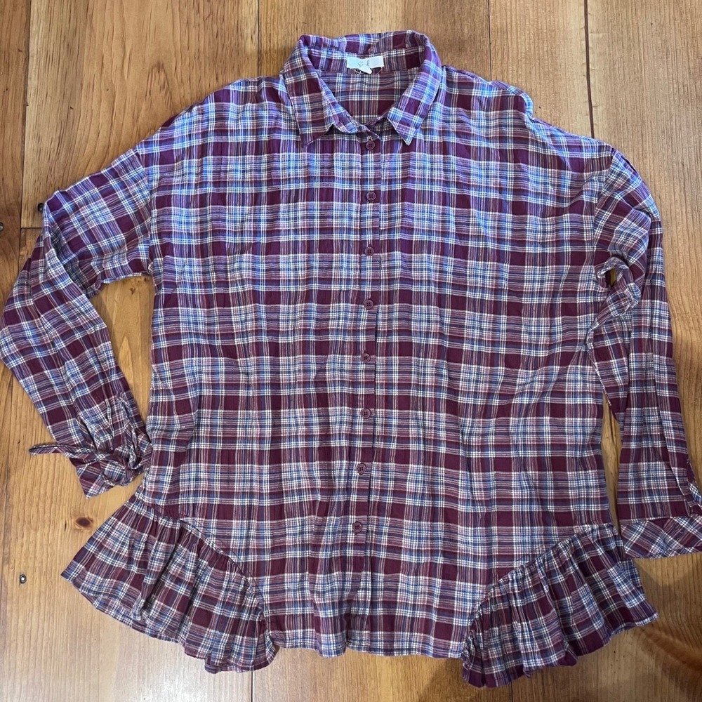 Easel Oversized Plaid Button Down Ruffled Peplum Hem Shirt Cottagecore Boho S